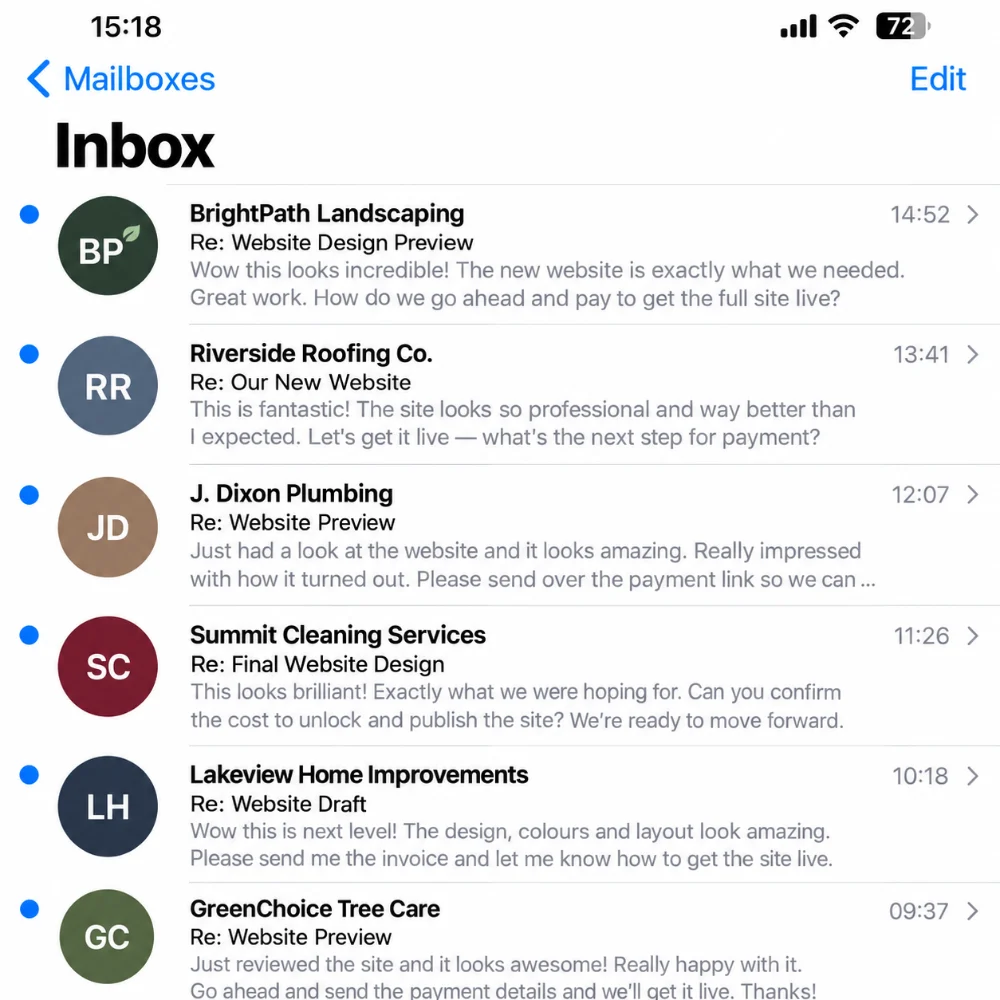 Email inbox with several website enquiries
