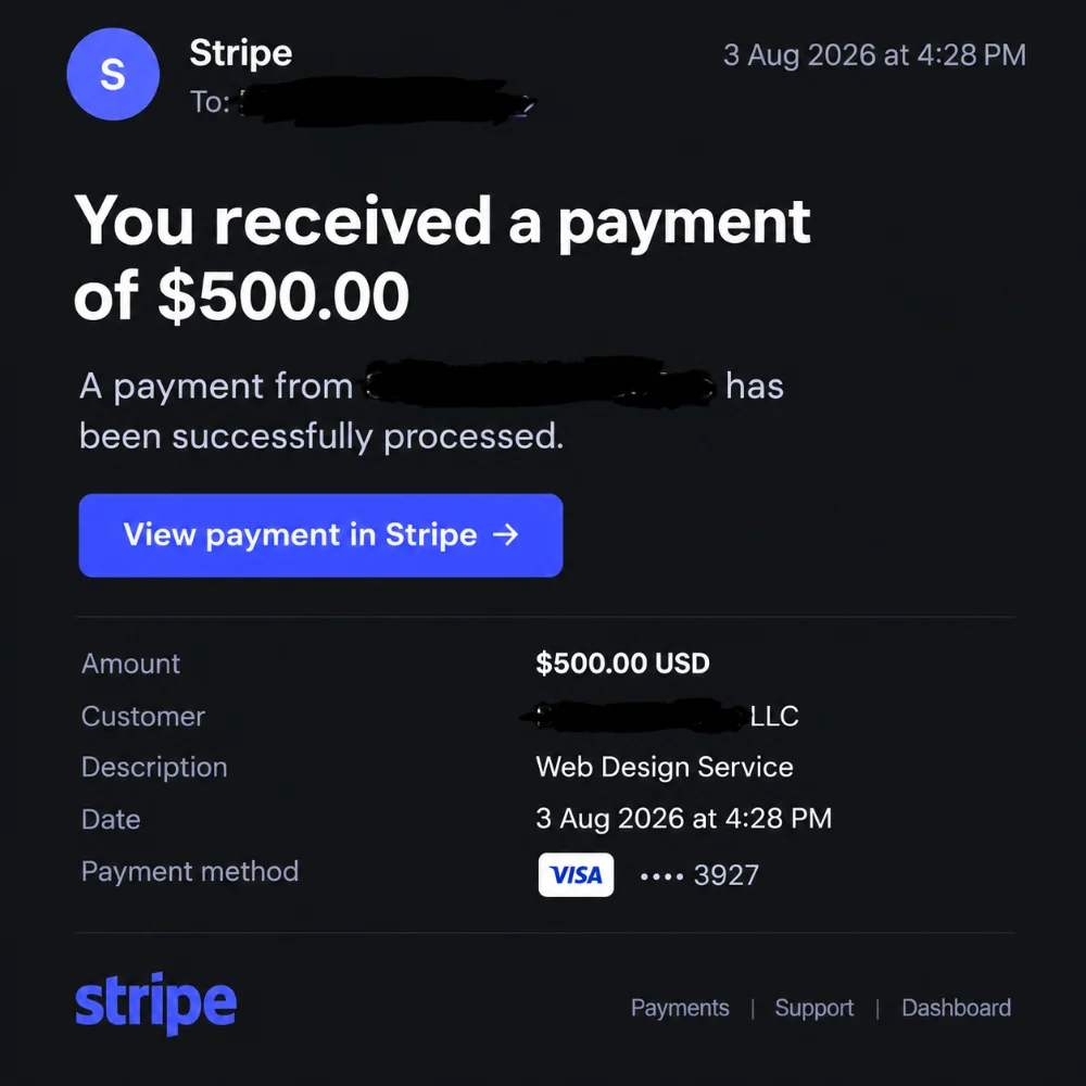 Stripe email: You received a payment of $500.00